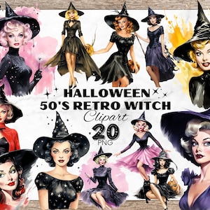 50s Witch Clipart, Watercolor Witch Clipart, Halloween Clipart Bundle, Retro Witch Clipart, Watercolor Halloween Clipart, Vintage Witches