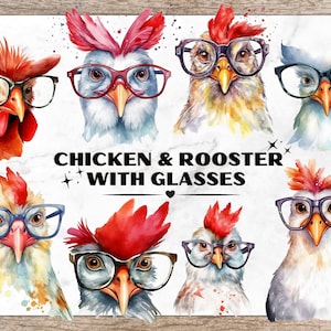 Chicken & Rooster with Glasses Bundle, Watercolor Clipart PNG, Chicken Cliparts, Rooster Clipart, funny Animal Designs, Animals with Glasses