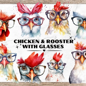 Chicken & Rooster with Glasses Bundle, Watercolor Clipart PNG, Chicken Cliparts, Rooster Clipart, funny Animal Designs, Animals with Glasses