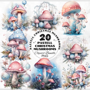 Pacchetto di funghi natalizi pastello, clipart fantasia acquerello, clipart decorazioni festive, funghi di neve magici dell'acquerello, pacchetto clipart PNG