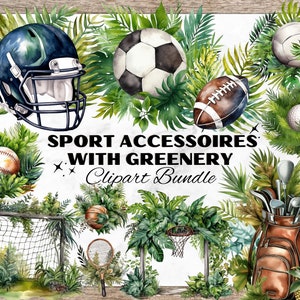 Sport Accessories With Greenery Watercolor Clipart, Sport PNG, Watercolor Sports Clipart, Sport Elements, Soccer PNG, Football Clipart, Golf