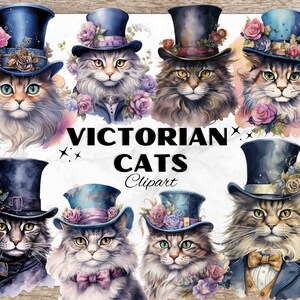 Victorian Cats Bundle, Watercolor Clipart, High Quality PNGs, Digital Download, Card Making, Cat Clip Art, Digital Paper Craft, Cat with Hat