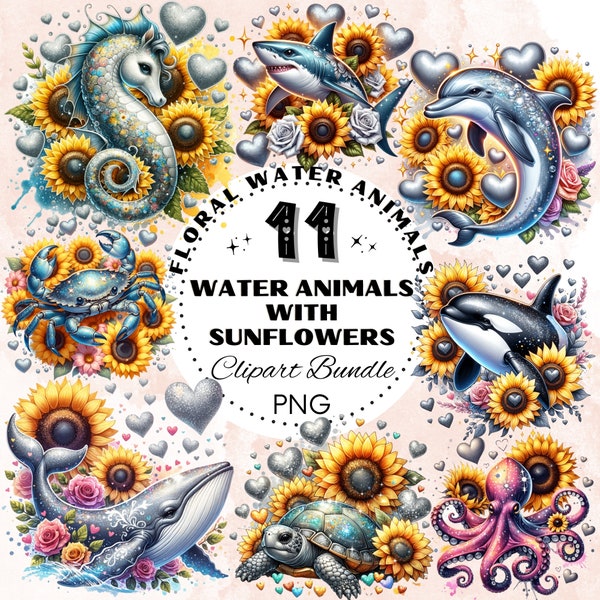 Ocean Animals With Sunflowers Watercolor Clipart Bundle, Underwater Creatures Sublimation SVG PNG, Sea Shark Dolphin Seahorse Clip Art Set