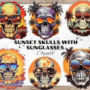 Sunset Skull with Sunglasses Watercolor Clipart, Summer Cliparts, Skull for T-Shirt Design, Skull Sublimation, Skull Clipart, Skeleton PNG