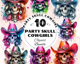 Party Skull Cowgirls Clipart Bundle, Watercolor Skulls Cowgirl Graphics for Invitations, Halloween Gothic Whimsigoth Clip Art Cow Girl Set