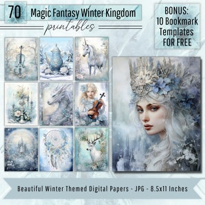 Magic Fantasy Winter Kingdom Printables, Scrapbook Journaling Kit, Winter Printable Scenes, Digital Paper Pack, Bonus: 10 Bookmark Templates
