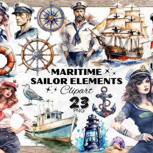 Maritime Sailor Clipart Bundle, Clipart aquarelle Vintage, Maritime Cliparts, Clipart aquarelle rétro, PNG pour Scrapbook, Images Vintage