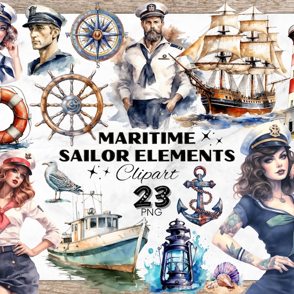 Maritime Sailor Clipart Bundle, Vintage Watercolor Clipart, Maritime Cliparts, Retro Watercolor Clipart, PNG for Scrapbook, Vintage Images