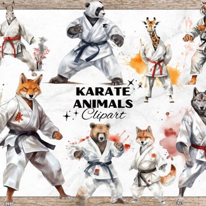 Animals In Karate Suit Watercolor Clipart, Karate Cliparts, Panda Clipart, PNG for Logo Design, Sublimation PNG, Sport Cliparts, Karate PNG