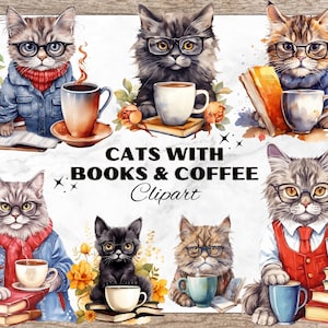 Chat avec livre & café aquarelle Clipart, Clipart amoureux des chats, café Clipart, PNG pour la conception de T-Shirt, chat et café Cliparts, livre Clipart