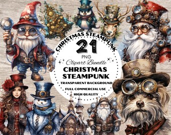 Christmas Steampunk Watercolor Clipart Bundle, Christmas Clipart Bundle, Christmas Designs, Christmas Steampunk Cliparts, Steampunk Graphics