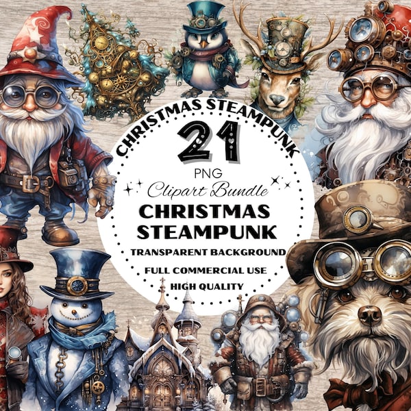 Christmas Steampunk Watercolor Clipart Bundle, Christmas Clipart Bundle, Christmas Designs, Christmas Steampunk Cliparts, Steampunk Grafics