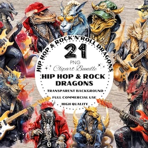 Hip Hop & Rock 'n' Roll Dragon Bundle, Dragon Aquarelle Clipart, Conception de T-Shirt, Dragon Clip Art, Conception de logo musical, Dragon Illustrations PNG