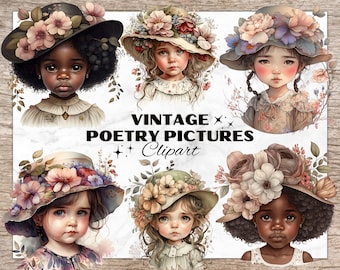 Vintage Poetry Picture Bundle, Watercolor Clipart PNG, Baby Girl Cliparts, Vintage Clipart, Floral Designs, Floral Baby Girl Sublimation PNG