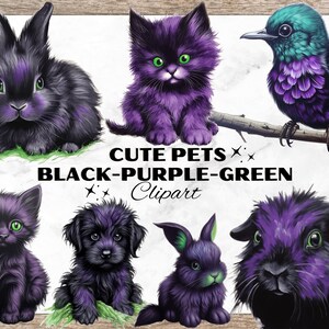 Black Purple Green Pets Watercolor Clipart, Cat Clipart, Dog Clipart, PNG for T-Shirt Design, Guinea Pig Cliparts, Watercolor Pets, Bunny