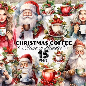 Christmas Coffee Watercolor Clipart Bundle, Christmas Clipart Bundle, Christmas Designs, Christmas Watercolor Clipart, Christmas Coffee PNG