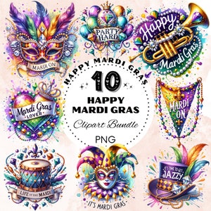 Paquete de imágenes prediseñadas de Mardi Gras, refranes de Mardi Gras de acuarela, conjunto de gráficos de máscara de carnaval, archivos PNG de fiesta festiva, imágenes prediseñadas de plumas de MardiGras