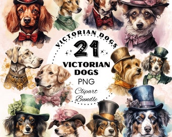 Victorian Dogs Watercolor Clipart Bundle, Vintage Retro Dog Digital Download, Card Making Clip Art SVG, Digital Paper Craft, Dog with Hat