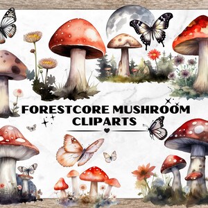 Forestcore Mushroom & Butterfly Bundle, Watercolor Clipart, Cottagecore Cliparts, Watercolour Magic Mystical Mushrooms, Dreamy Mushrooms