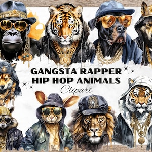 Gangsta Rapper Hip Hop Animals Bundle, Watercolor Clipart for Card Making, T-Shirt Design, Animal Clip Art, Music Logo Design, Hip Hop PNGs