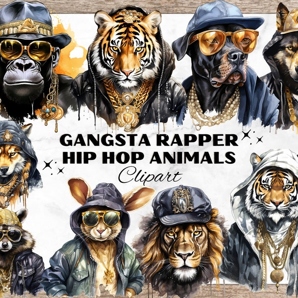 Gangsta Rapper Hip Hop Animals Bundle, Clipart de acuarela para la fabricación de tarjetas, Diseño de camisetas, Clip Art de animales, Diseño de logotipo de música, PNGs de hip hop