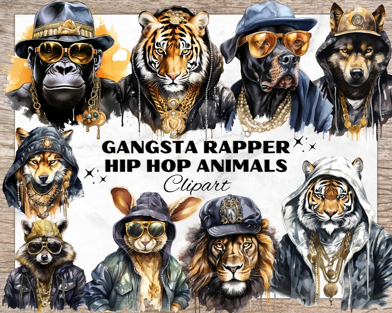 Golden Animal Rapper Gangsta Rapper Hip Hop Animals Bundle, Watercolor Clipart for Card ...