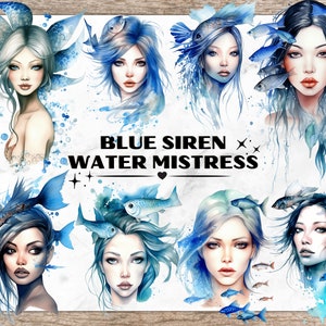 Water Siren Bundle, Watercolor Clipart PNG, Underwater Fairy Clipart, Ocean Mistress, Blue Fairy Clipart, Beautiful Women PNGs, Fantasy PNG