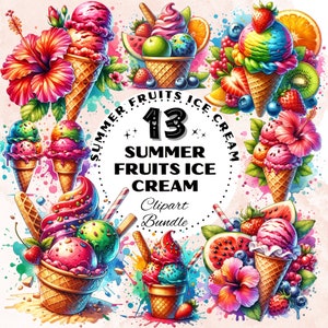 Ensemble de cliparts de crème glacée d'été tropicale, fruits de plage, fleurs d'hibiscus, cônes d'aquarelle et graphiques de sorbet pour cartes d'invitation, décor de fête