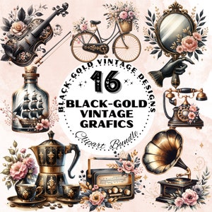 Black-Gold Vintage Clipart Bundle, Elegant Antique Illustrations for Invitations Scrapbooking Stickers, Elegant Watercolor Clip Art Graphics