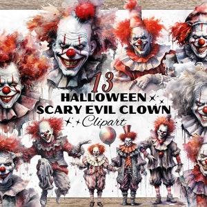 Evil Scary Circus Clown Watercolor Clipart, Bad Clown, Halloween Clipart, Clown Watercolor Clipart, Evil Clown PNG, Scary Halloween PNG