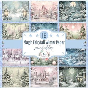 Könnte beinhalten: Ein Set mit 16 druckbaren digitalen Papieren mit Winterszenen mit Schlössern, schneebedeckten Häusern und Bäumen. Die Papiere sind im Aquarellstil mit einer weichen, verträumten Ästhetik gehalten. Der Text "16 Magic Fairytale Winter Paper Printables" ist in der Mitte des Bildes dargestellt.