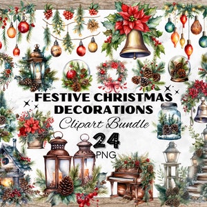 Christmas Decor Watercolor Clipart Bundle, Christmas Clipart Bundle, Christmas Designs, Christmas Watercolor Clipart, Christmas Decor PNG