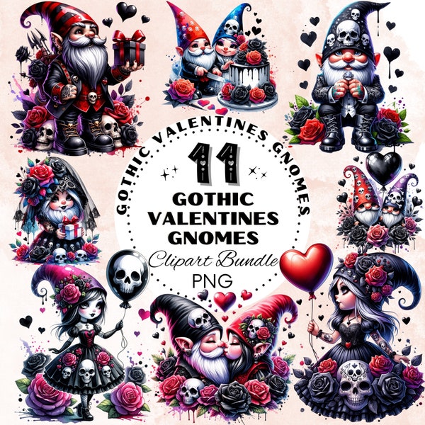 Gothic Valentine Gnomes Clipart Bundle, Dark Love Skulls and Hearts PNG, Digital Download for Crafting, Scrapbooking and Planners