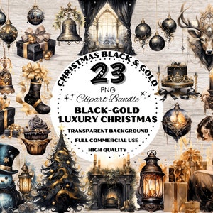 Black & Gold Christmas Clipart Bundle, 20s Style Christmas Decor, Watercolor Clipart Bundle, Christmas Designs, Christmas Watercolor Clipart