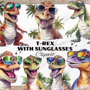 Dinosaur T-Rex With Sunglasses, Watercolor Clipart, Dino Cliparts, Cliparts for T-shirt Design, Sublimation PNG, Summer T-Rex with Glasses