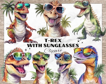 Dinosaur T-Rex With Sunglasses, Watercolor Clipart, Dino Cliparts, Cliparts for T-shirt Design, Sublimation PNG, Summer T-Rex with Glasses
