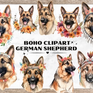 Boho German Shepherd Bundle, Watercolor Clipart PNG, Dog Cliparts, German Shepherd Clipart, Boho Dog PNG, Dog with Flowers Clipart, Flowers