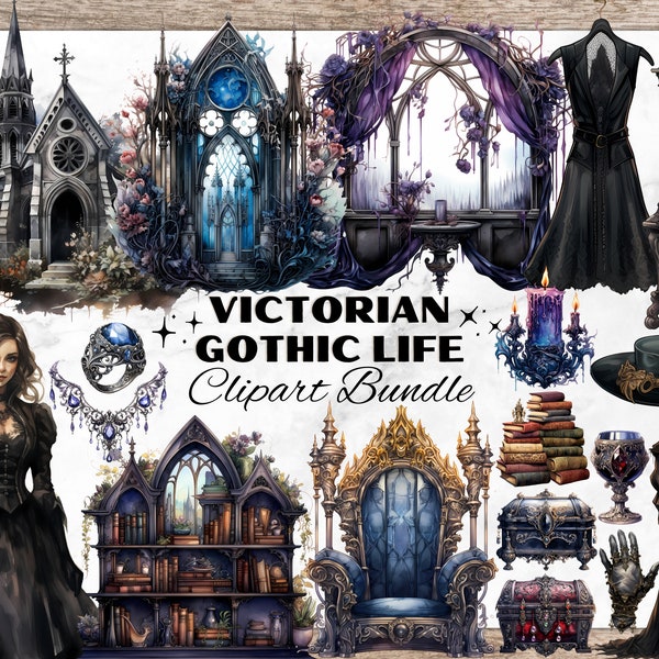 Victorian Gothic Life Watercolor Clipart, Dark Gothic PNG, Halloween Clipart, Gothic Watercolor Clipart, Victorian Gothic Clipart Bundle