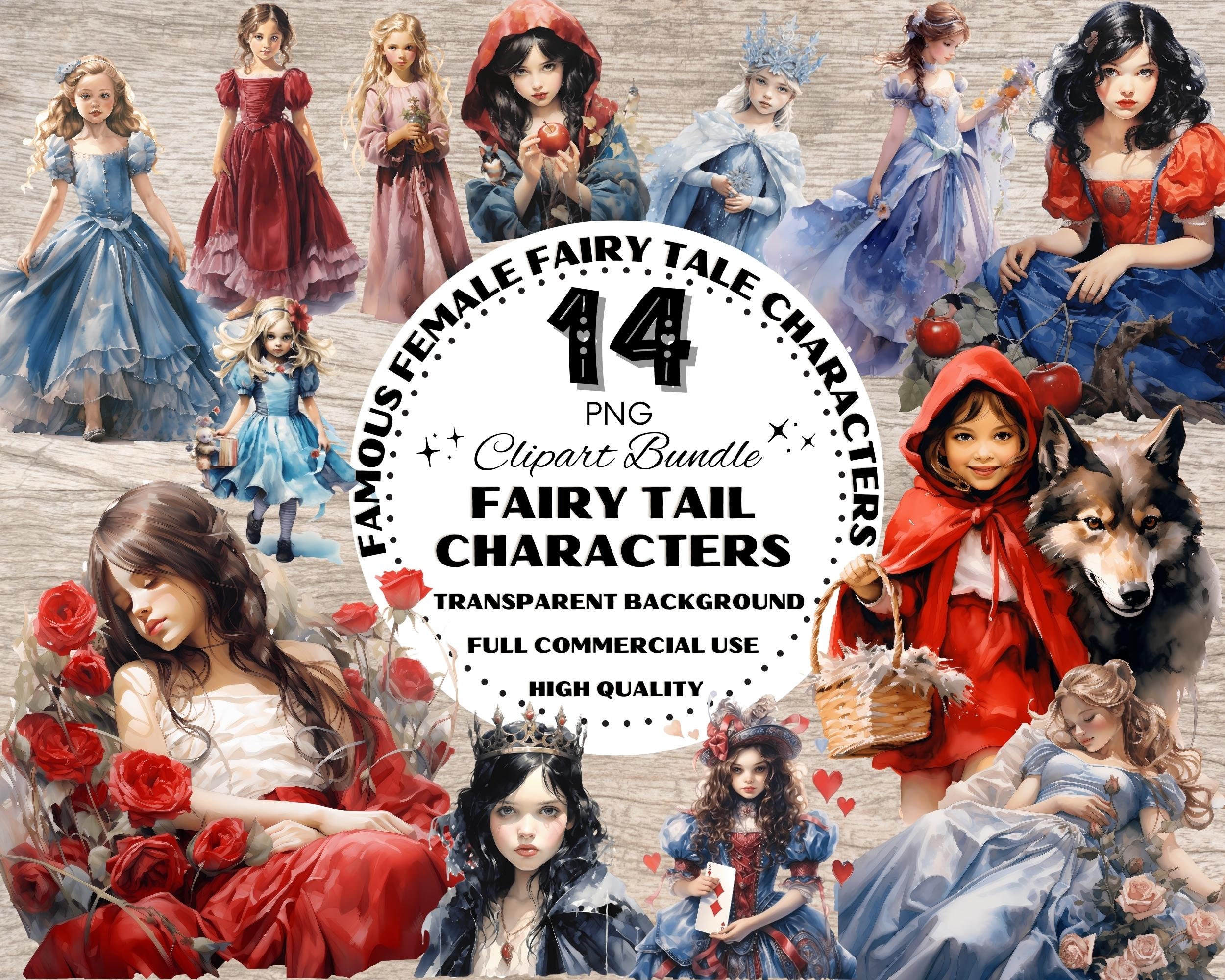 Famous Fairy Tail Girl Characters, Watercolor Clipart, Fairytale Clipart Bundle, Princess Clip Art, Watercolor Fairytale Cliparts, Girl PNG