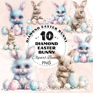 Diamond Perls Easter Bunny Eggs Clipart Bundle, Illustrazioni di coniglio, File PNG primaverili pastello, Clipart dell'acquerello di Pasqua, Grafica carina dell'uovo