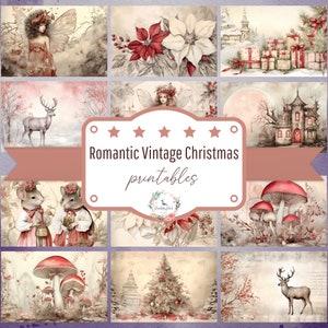 Könnte beinhalten: Eine Collage aus Vintage-Weihnachtsillustrationen mit einer Fee, einem Reh, einem Pilzwald, einem Weihnachtsbaum und einem Haus. Die Bilder sind im romantischen Stil mit sanften Farben und zarten Details gehalten. Der Text "Romantic Vintage Christmas Printables" ist auf der Collage abgebildet.