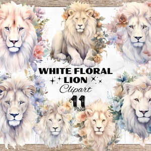 Clipart de aquarela de leão branco floral, clipart de leão com flores, clipart de leão, PNG para sublimação, gráficos Predator, pacote gráfico de leão