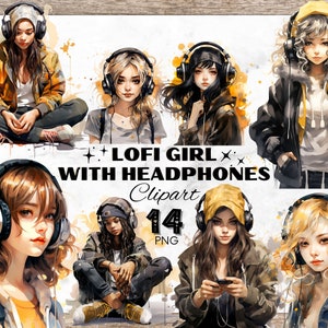 LOFI Girl with Headphones Bundle, T-Shirt Design, Music Clip Art, Music Logo Design, Hip Hop PNGs, Watercolor Clipart for Card Making, Art