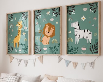 Safari Nursery Wall Art Prints, Boho Nursery Prints, Set of 3 Prints, Green Nursery Art, Boho Nursery Wall Art, Nursery Decor, Printable Art