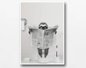 ナマケモノの壁アート、面白いバスルームのプリント、白黒ナマケモノ、トイレのポスター、バスルームのアート、ナマケモノのポスターアート、気まぐれな動物アート、子供用バスルーム
