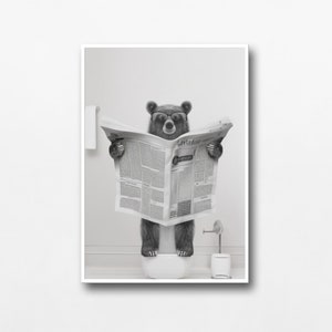 Black And White Bear with Glasses on Toilet with Newspaper, Bear Victorian Toilet, Funny Animal Bathroom Print, Animal on Toilet, Funny Bear