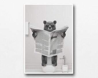 Black And White Bear with Glasses on Toilet with Newspaper, Bear Victorian Toilet, Funny Animal Bathroom Print, Animal on Toilet, Funny Bear