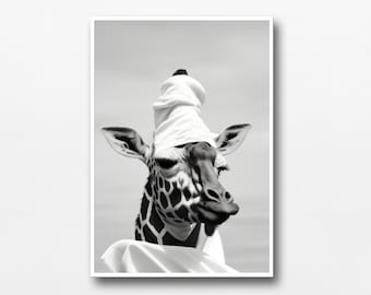 Black and White Giraffe in Towel Printable Wall Art, Kids Funny Animal Bathroom Art, Whimsy Animal, Toilet Poster Giraffe Art Bathroom Decor