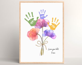 Watercolor Flower Handprint Keepsake Art, Mothers Day Gift, Printable Gift For Mom/Grandparents, Flower Handprint Gift from Kids/Grandkids