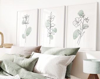 Boho Botanical Print Set of 3, Green Plant Gallery Wall Art, Sage Wild Flowers Printable Art Abstract Line Watercolor Floral Home Dorm Decor